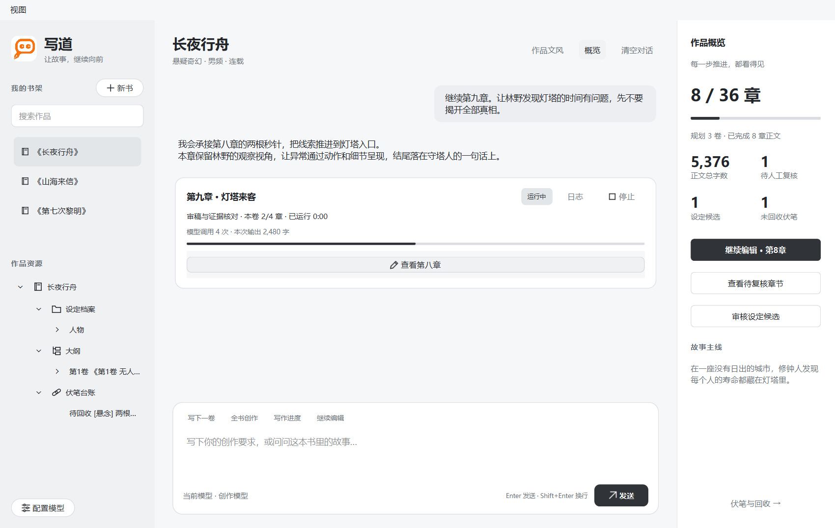 写道真实书房：左侧管理作品，中间查看对话和写作任务，右侧显示章节进度与作品概览